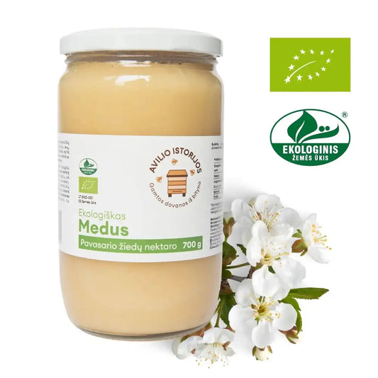 Pavasarinis SODŲ ir PIENIŲ medus, ekologiškas švelnus baltas žiedų medus