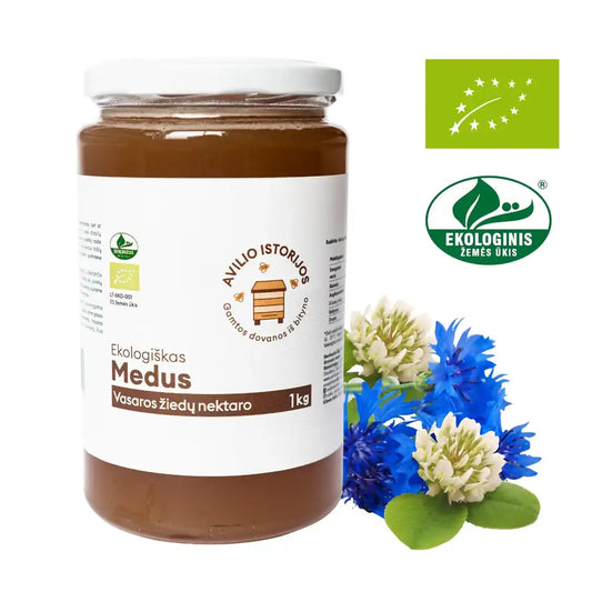 Vasaros PIEVŲ medus, ekologiškas, 1 kg, medaus stiklainis